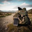 Téléphone sur un sac à dos perdu dans la nature