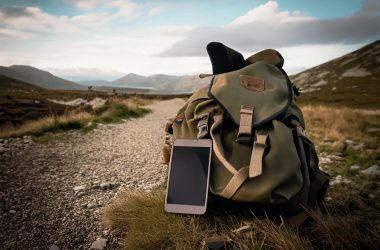 Téléphone sur un sac à dos perdu dans la nature